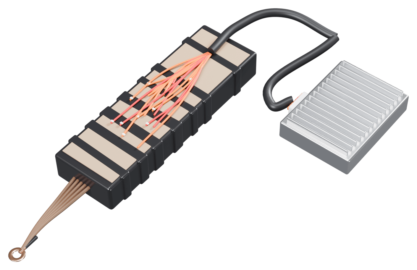 Render of a multi-cell Li-ion battery pack with balance wiring, cabled to a finned BMS controller