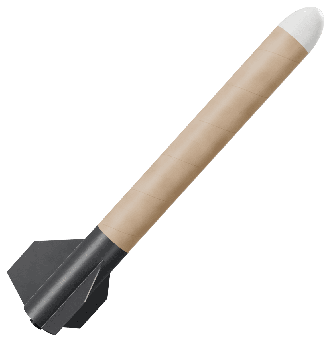 Render of the ARC competition rocket: white nose cone, kraft body tube and black fin can